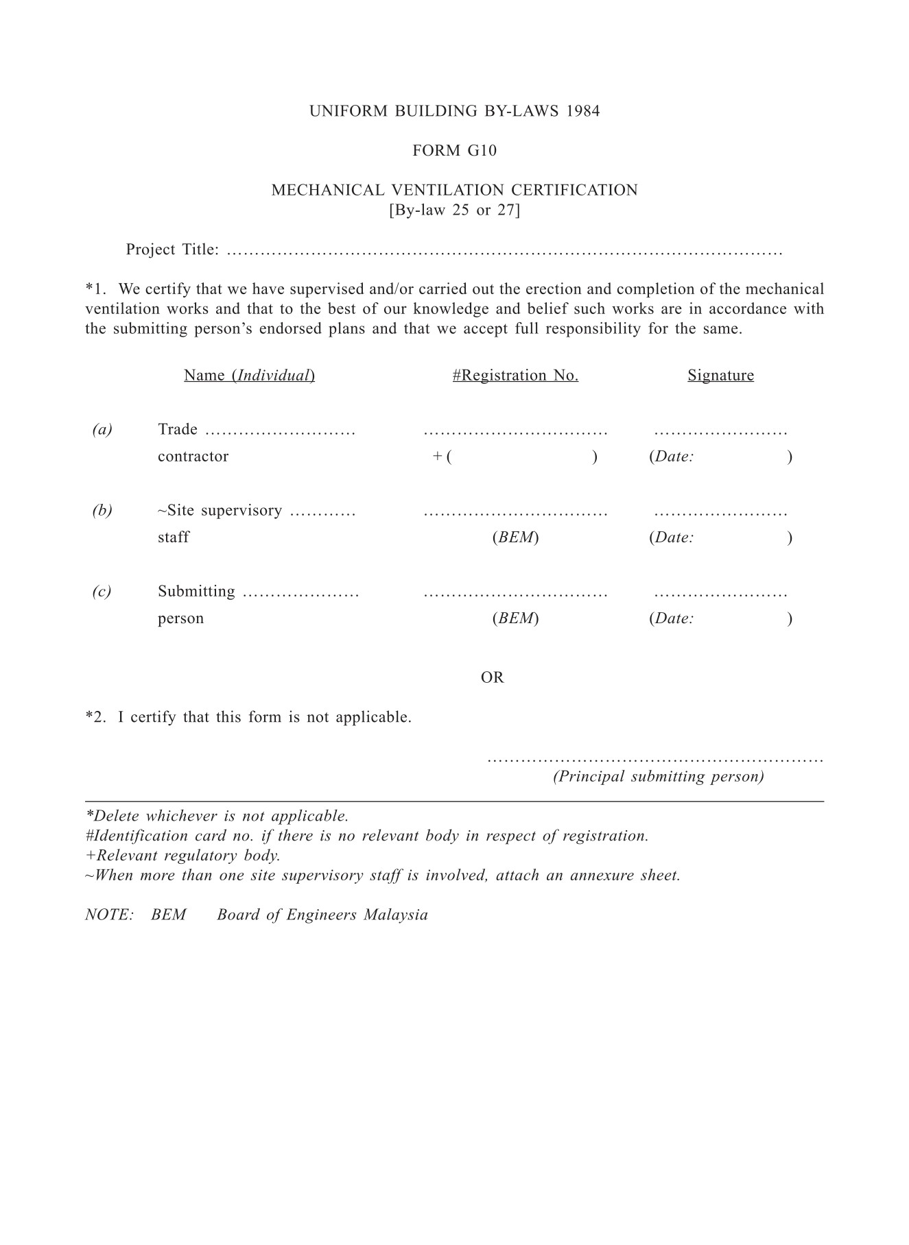 Form G10 MECHANICAL VENTILATION CERTIFICATION